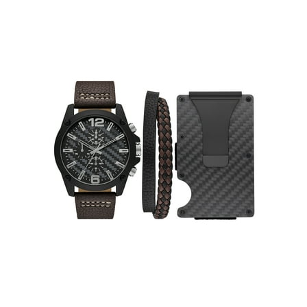 Folio Men's 48mm Leather and Black Metal Matte Round Wristwatch, Black & Brown