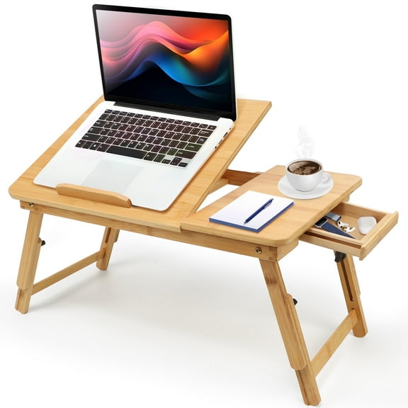 Qunler Lap Desk, Naturally Bamboo Folding Bed Desk, Adjustable Portable Laptops Tray Stand for Home, 21"x13"