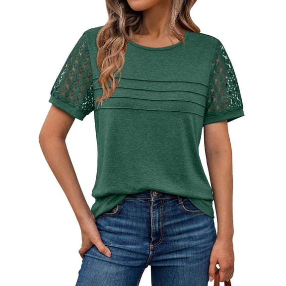 Women's Short Sleeve Shirts Dressy Lace Summer Tops 2026 Spring Trendy Casual T-Shirts Cute Work Outfits Blouses Dark Green S