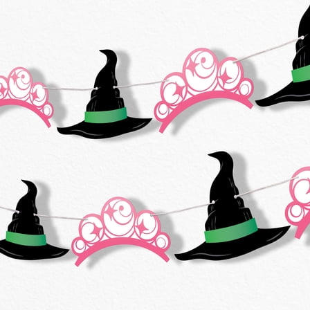 Big Dot of Happiness Witch Garland Banner, Birthday or Halloween Party Decor Backdrop, 30 Feet of Cord, 15 Paper Witch Hat and Pink Crown Shapes