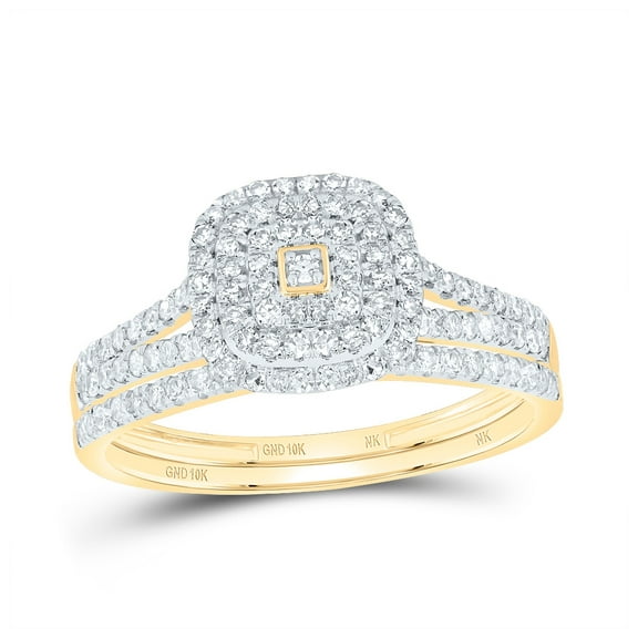 10kt Yellow Gold 1/2 Cttw Diamond Cushion Double Halo Wedding Engagement Anniversary Bridal Set, Women Size: 5-9