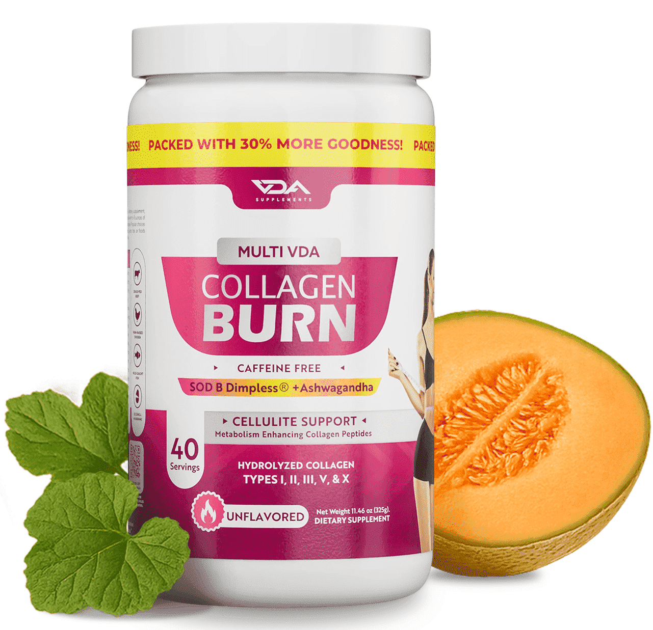 VDA Supplements Multi VDA Collagen Burn Powder - Hydrolyzed Collagen Powder for Women - Burn Ultimate Beauty with SOD B Dimpless®, 5 Types of Collagen (I, II, III, V, X), Unflavored, 40 Servings