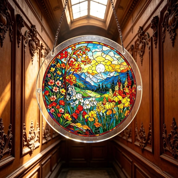 erdimoy Stained Glass Mountain Forest River Sunset Landscape Acrylic Sun Catcher Jigsaw Puzzle, 7.4 Inch Window Hanging Rainbow Light Prism Ornament Home Garden Decor