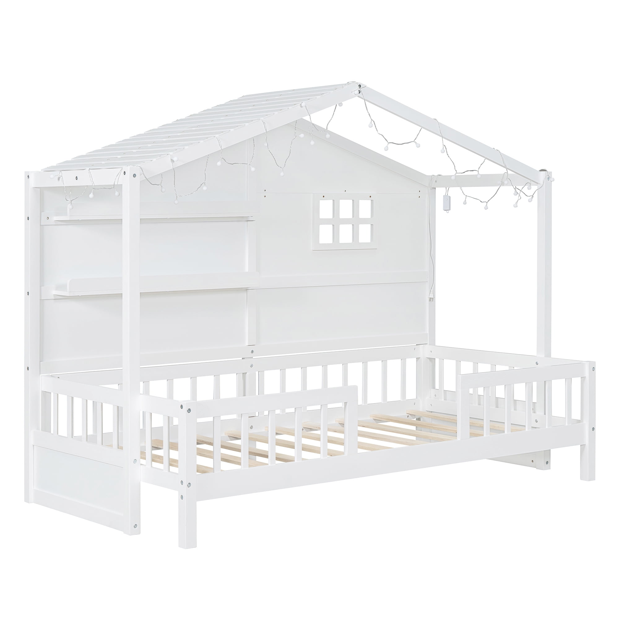 Mintazer Twin House Bed with LED String Lights & Storage Shelves, Toddler Montessori Bed Frame with Guardrails for Kids, White