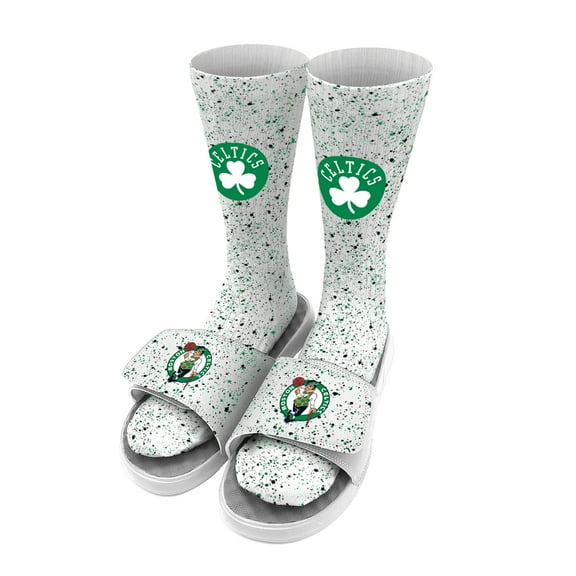 Men's ISlide White Boston Celtics Team Logo Speckle Socks & Slide Sandals Bundle