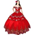 thumbnail image 1 of 2 Pcs Robes de Bal Formelles Robes de Bal Épaules Dénudées Appliqué Floral Robe de Quinceaera Damas Rouge 16, 1 of 2