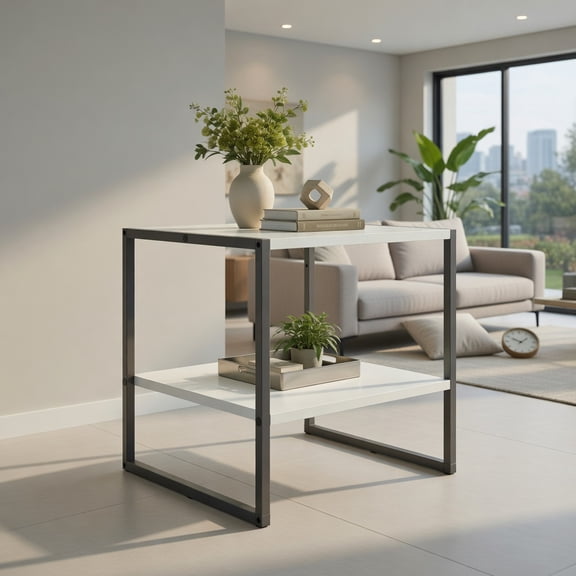 Kadyn Coffee Table,Desktop Table,Side Table,End Tables,Nightstand,2-Tier Square End Table with Storage Shelf Reversible Design-White