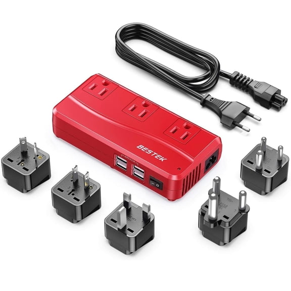 BESTEK 250W Universal  Travel Adapter,220V to 110V Travel Voltage Converter with 4-Port USB and US/AU/EU/UK//India/South Africa Worldwide Plug Adapter, Red