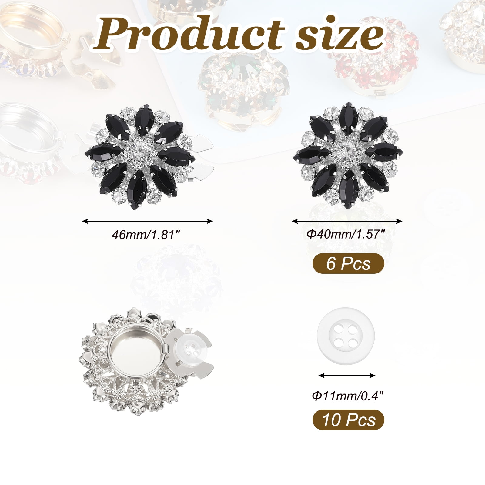 6 Pcs Rhinestone Button Covers Decorative Clips with 10 Pcs White Sewing Buttons Detachable Marquise Sewing Replacement for Women Men DIY Crafts Accessories (Black/Silver)