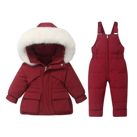 Snowsuits for Toddlers Kids 2 Piece Windproof Water Resistant Snow Suits Faux Fur Trim Hood Puffer Girl Boy Ski Set (6-12 Month Wine)