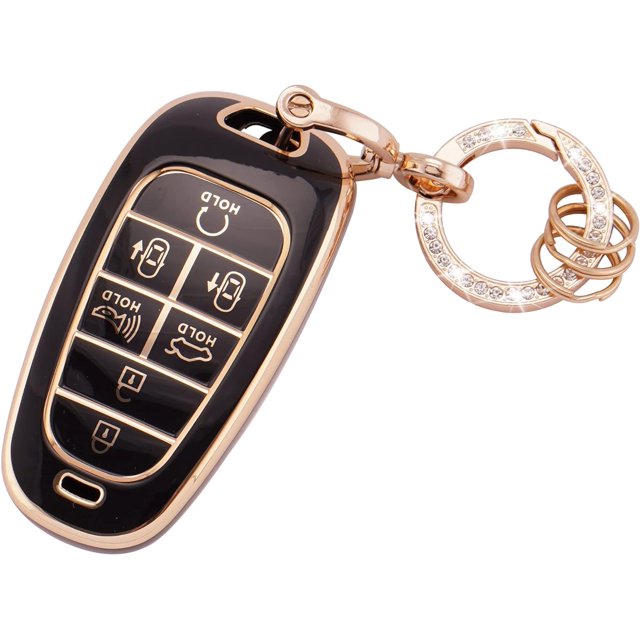 HAHDAXIA for Hyundai Key Fob Cover with Bling Key Fob Keychain, Soft TPU Key Fob Case Protector Full Covers Fit for Hyundai Tucson Sonata Nexo 7 Buttons Keyless Entry Smart Key Black Gold (R-