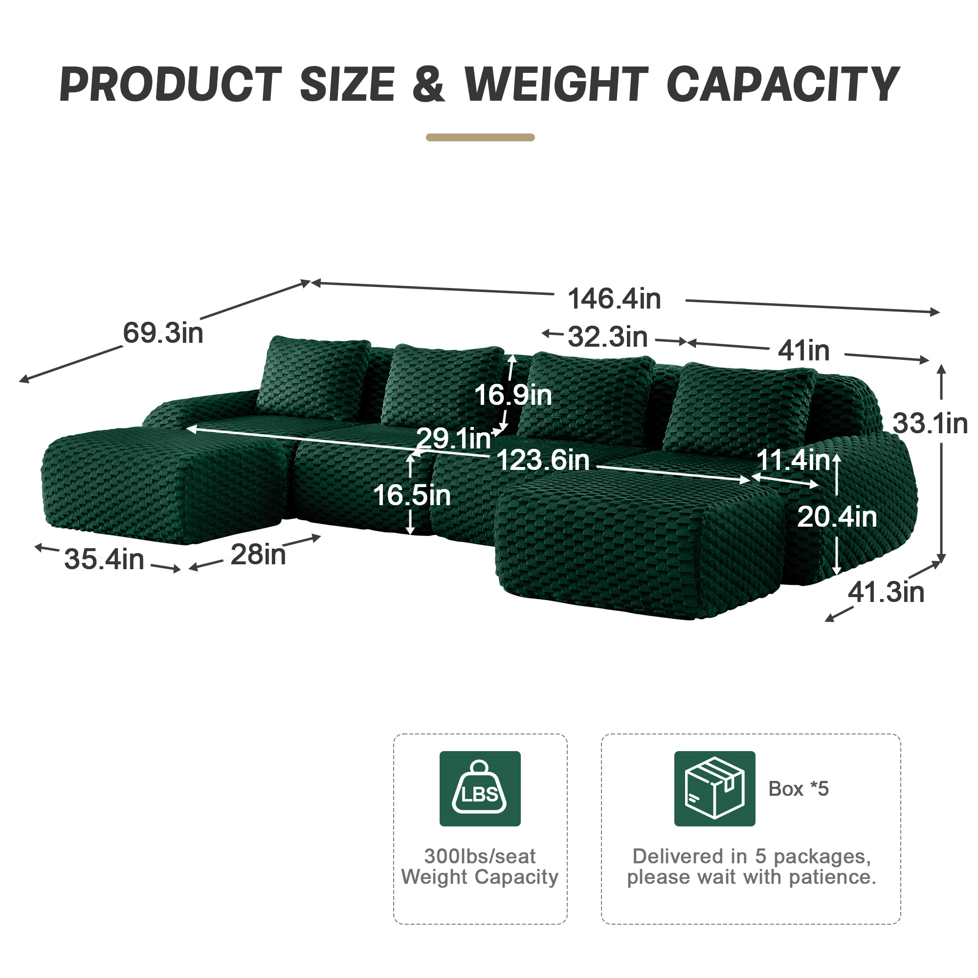 Aukfa Oversized Modular Sofa 4 Seat Couch with 2 Ottoman, 4 Pillows, No Assembly, Flannel, Green