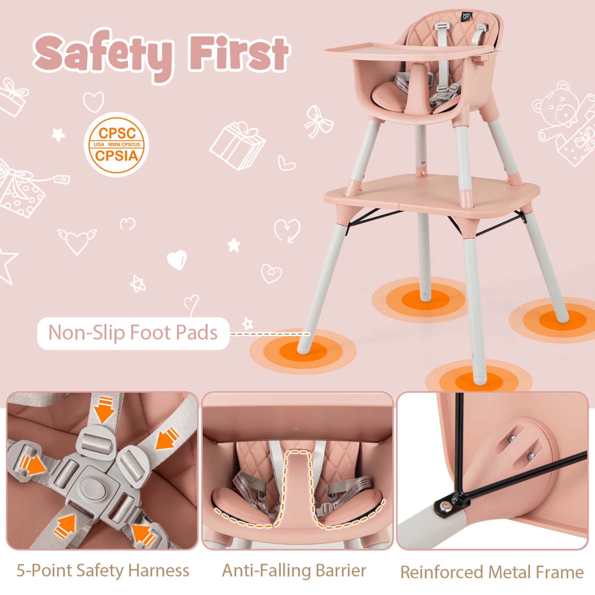 Babyjoy 4 in 1 Baby High Chair Convertible Toddler Table Chair Set with PU Cushion Pink
