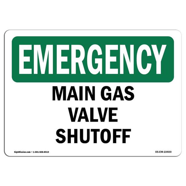 SignMission OS-EM-A-1218-L-10400 12 x 18 in. OSHA Emergency Sign - Main Gas Valve Shutoff