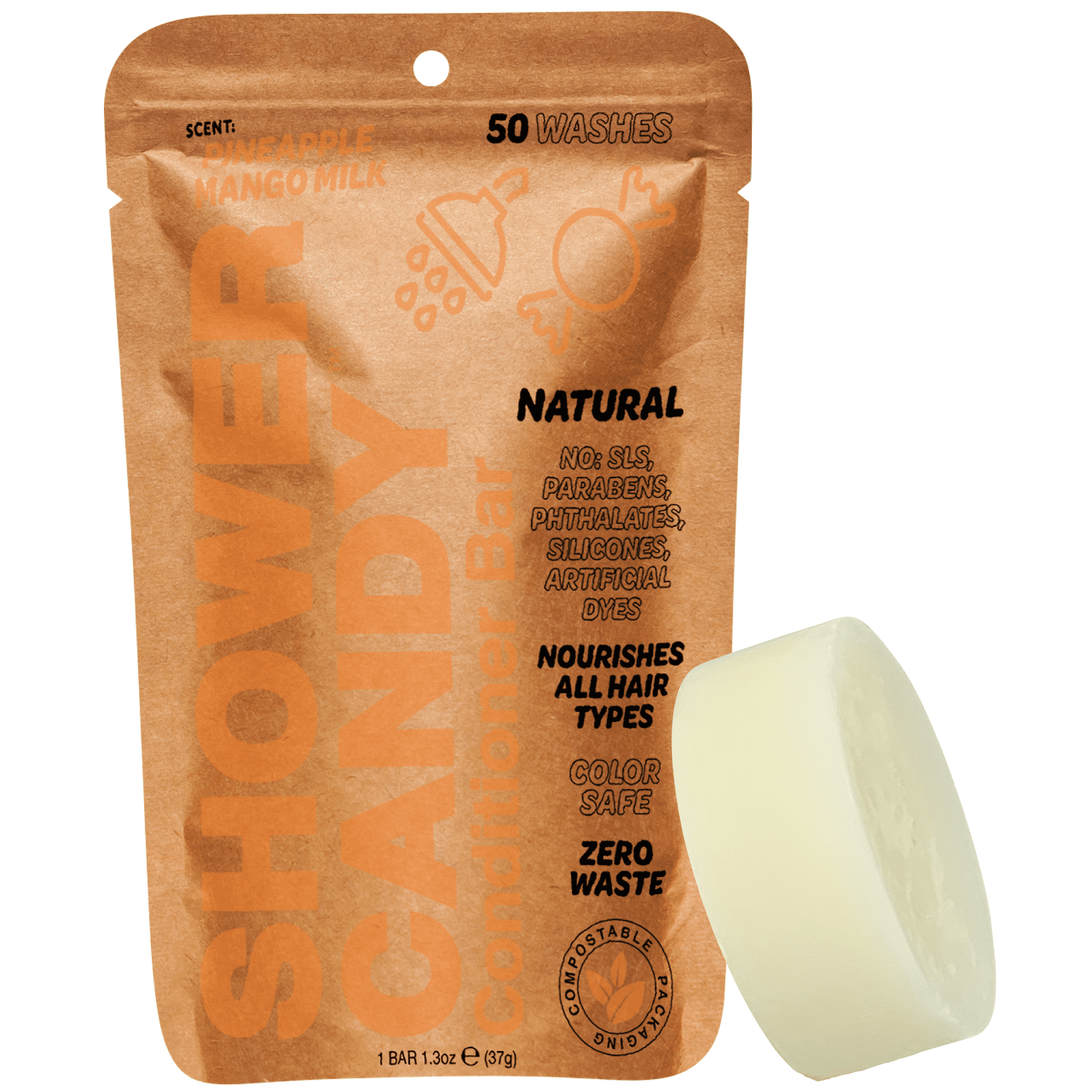 Shower Candy Pineapple Mango Milk Conditioner Bar - Natural Ingredients - Plastic-Free - Eco-Friendly - Conditioner Bars For Hair- Phthalate and Paraben-Free Bar Conditioner - Travel Size Hair Care