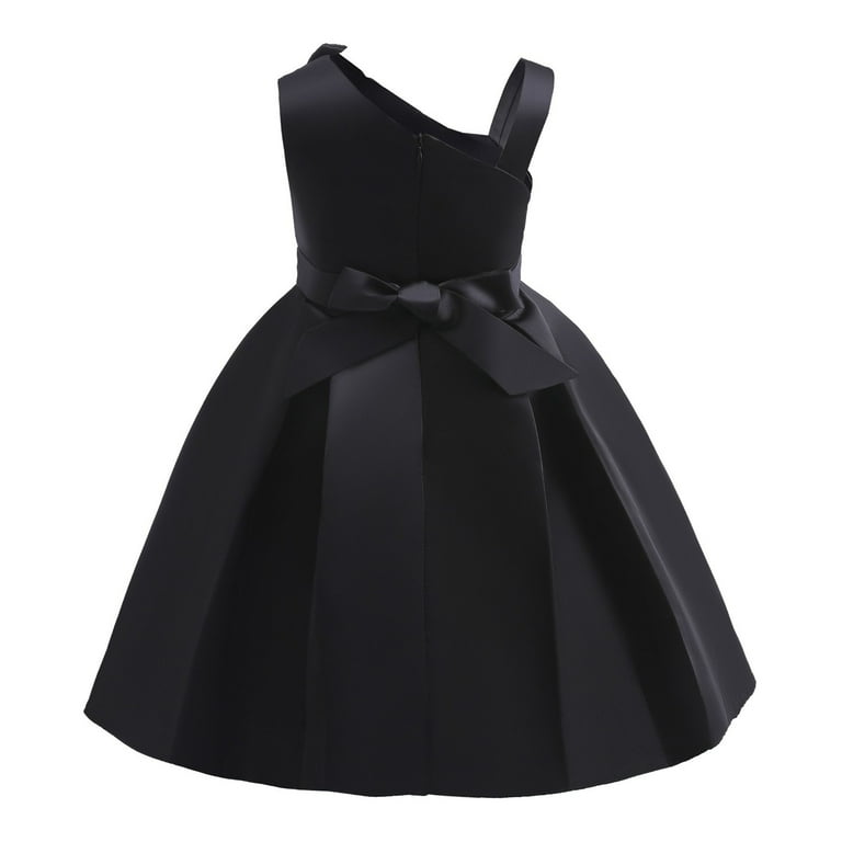 Odeerbi Kids Girls Princess Dresses Party Gowns Solid Color One Shoulder Evening Dress Children Sleeveless Dress Formal Dress Black