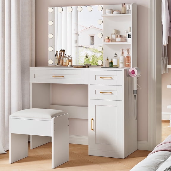LUCKLIFE White Vanity Desk with Mirror and Lights, 5 Drawers & Charging ...