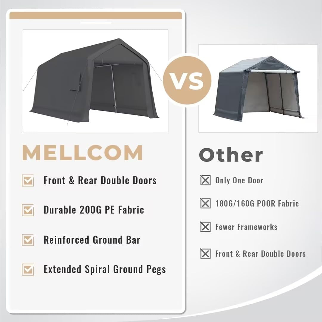 Mellcom 8 X 14 FT Carport Storage Sheds ,Portable Garage with All-Steel Metal Frame and Reinforced Base, All-Season Carport Canopy for Motorcycles,Bikes and Outdoor Tools