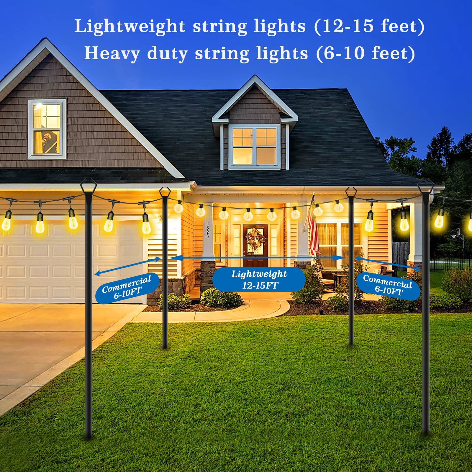 Aertyole 2 Pack 10FT Metal String Light Poles for Outside with Fork, Hanging Light Poles for Patio, Backyard, Garden, Deck, Party, Wedding (Black)