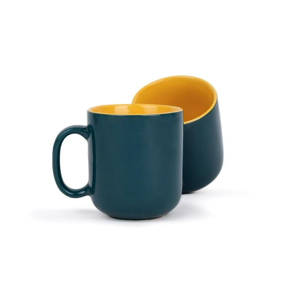 Large Ceramic Coffee Mug Set Of 2 - Teal Yellow, 400ml Each | Ceramic Belly Mug, Tea Mug With Matte Finish | Mug For Coffee | Ceramic Coffee Mug | Microwave Safe & Dishwasher Safe