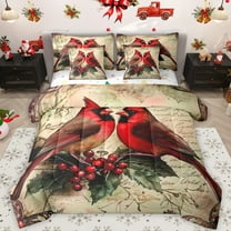 Feelyou Winter Robin Bird Twin Bedding Sets 7-Piece, Western Christmas Animal Bedding Comforter Set, Flower Plant Botanical Reversible Sheet Sets, Microfiber Bedroom Decor