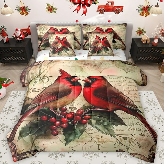 Feelyou Winter Robin Bird Twin Bedding Sets 7-Piece, Western Christmas Animal Bedding Comforter Set, Flower Plant Botanical Reversible Sheet Sets, Microfiber Bedroom Decor