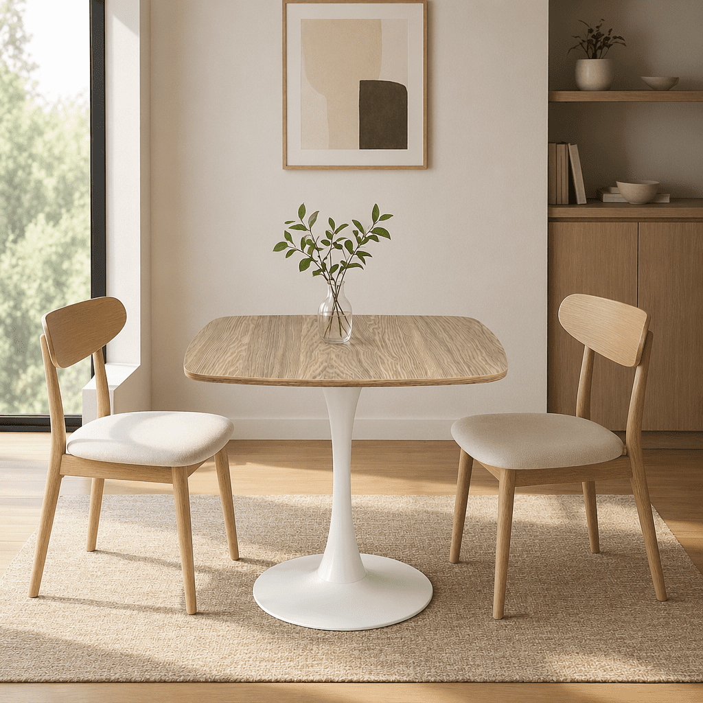 Square Dining Table, 24" Square Tulip Table with MDF Tabletop & Matte White Metal Pedestal Base,Mid Century Modern Bistro Table for Kitchen, Small Places, Living Room, Cafe