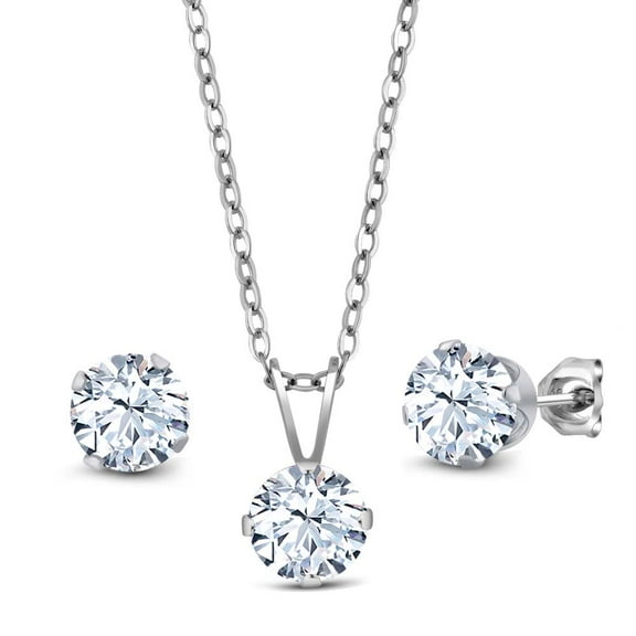Gem Stone King 2.52 Ct Round White Zirconia 925 Sterling Silver Pendant and Earrings Jewelry Set With Chain