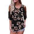 thumbnail image 1 of Camisetas gráficas para mujer, camiseta de manga corta con empalme de encaje con estampado informal Vintage, blusa cruzada holgada con hombros descubiertos Pompotops hkajfhjk468128, 1 of 1