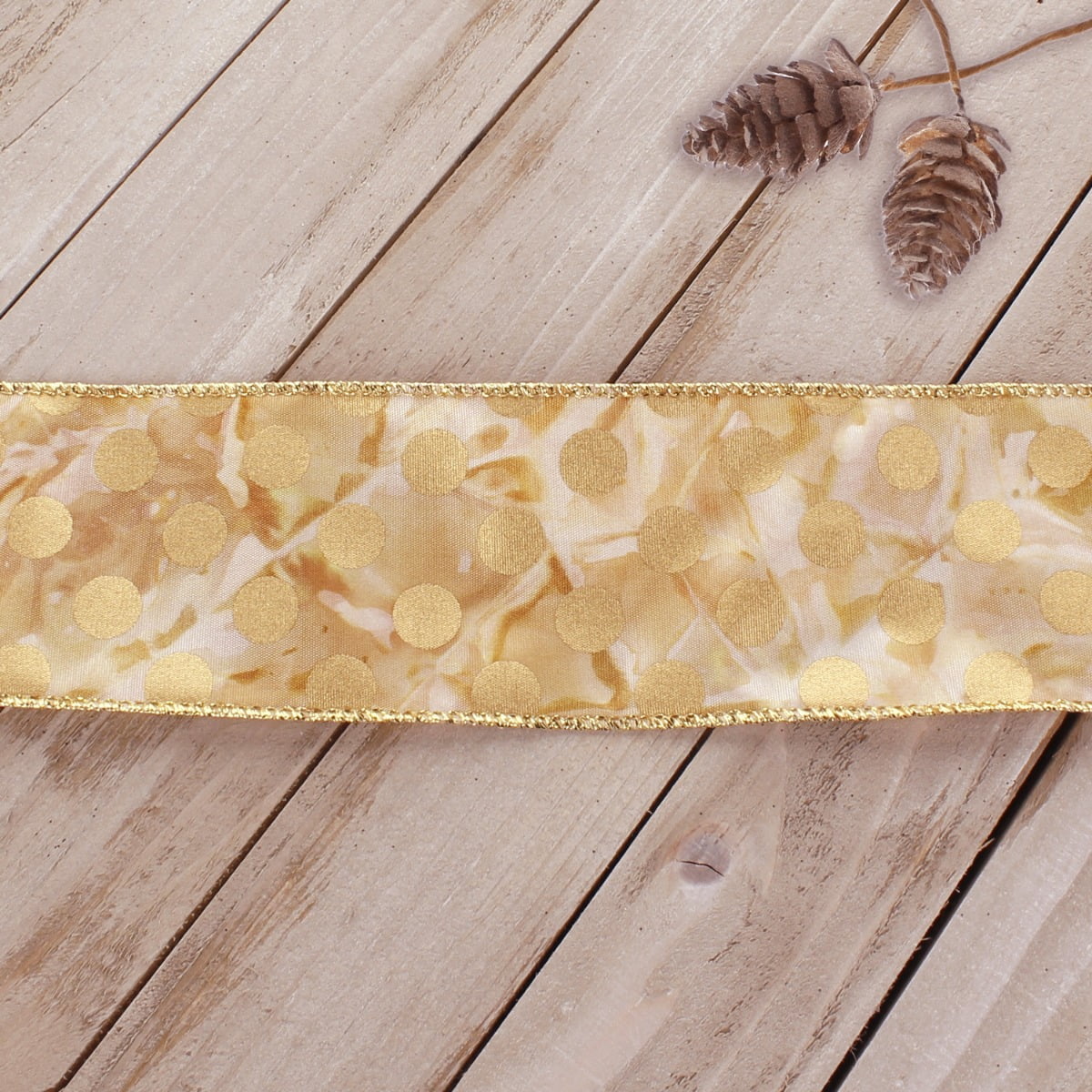 Ribbon Traditions Tie-Dye Wired Ribbon 2 1/2" By 10 Yards - Gold Shimmer Dots Natural