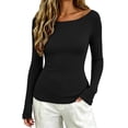 thumbnail image 3 of ZDNIXIAN Women Off Shoulder Long Sleeve Basic Tops Ribbed Knit Slim Fitted Blouse, Elegant Boat Neck Form Fitting Shirt, Stretchy Soft Casual Long Sleeve Tees, 3 of 7