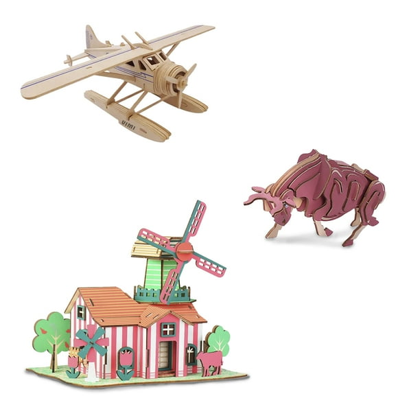 Kit De 3 Rompecabezas En 3D VIMI Diseño De Madera Toro Granja Y Avioneta