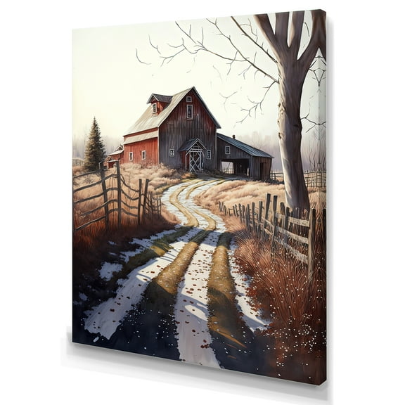 Designart Snow Covered Path And Barn Canvas Wall Art