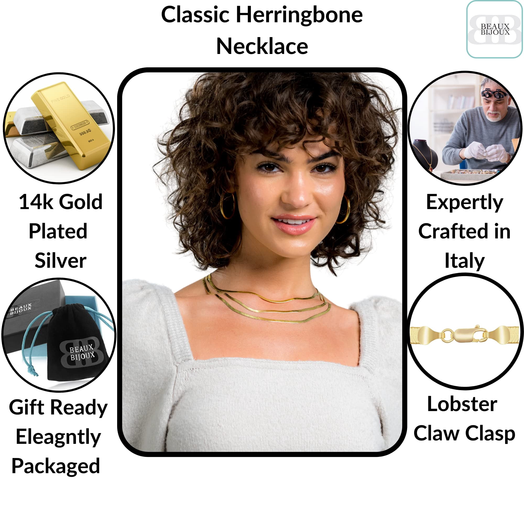 Herringbone Chain Necklace Sterling Silver 14k Gold Plated | 3mm 20 inch Choker Italian, Gold Herringbone Chain for Women