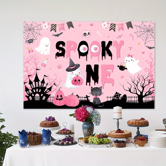 Title: Pink and Black Halloween 1st Birthday Background Cloth 3.3 x 4.9 ft Spooky One Party Backdrop for Baby First Birthday Celebration Photo Booth Wall Doorway Party Decor with Ribbon Hanging Kit