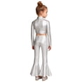 thumbnail image 2 of TSSOE Girls Metallic Disco Theme Party Prom Outfits Long Sleeve Crop Top with Bell-Bottom Pants Jazz Performance Dancewear Silver 10, 2 of 7