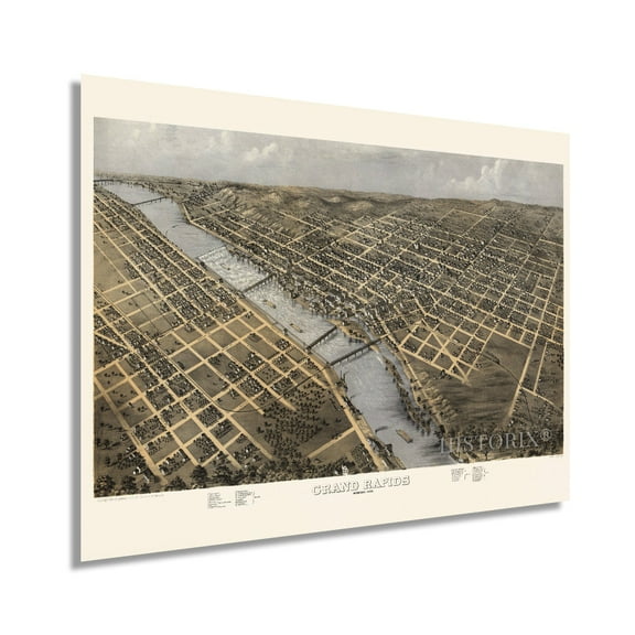 1868 Grand Rapids Michigan Map - Vintage Grand Rapids Wall Art - Old Map of Grand Rapids MI Poster - Historic Bird's Eye View of Grand Rapids Michigan Map Poster