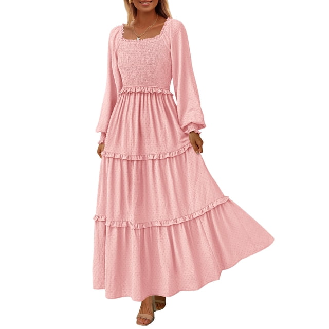 Vestido PRETTYGARDEN 2025 Maxi Rosa con Fruncido y Escote Cuadrado XXL