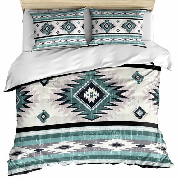 Turquoise Boho Bedding 3 Piece Duvet Cover Set Queen Size, Southwestern Ethnic Aztec Retro Geometric Soft Microfiber Comforter Cover with Zipper Closure & Pillowcases, FadeResistant Quilt Cover