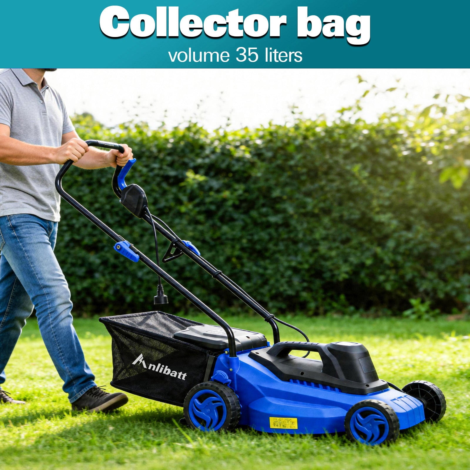 ANLIBATT 15 Inch Corded Electric Push Lawn Mower With 9.2 Gallon Collection Bag, 5-Position Height Adjustment, Lightweight for Yard & Garden