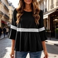 thumbnail image 4 of Lenpel 3/4 Length Sleeve Womens Tops Cotton Linen Crew Neck Fashion Peplum Blouses Casual Loose Eyelet Lace Patchwork Shirts Fall Clothes, 4 of 6