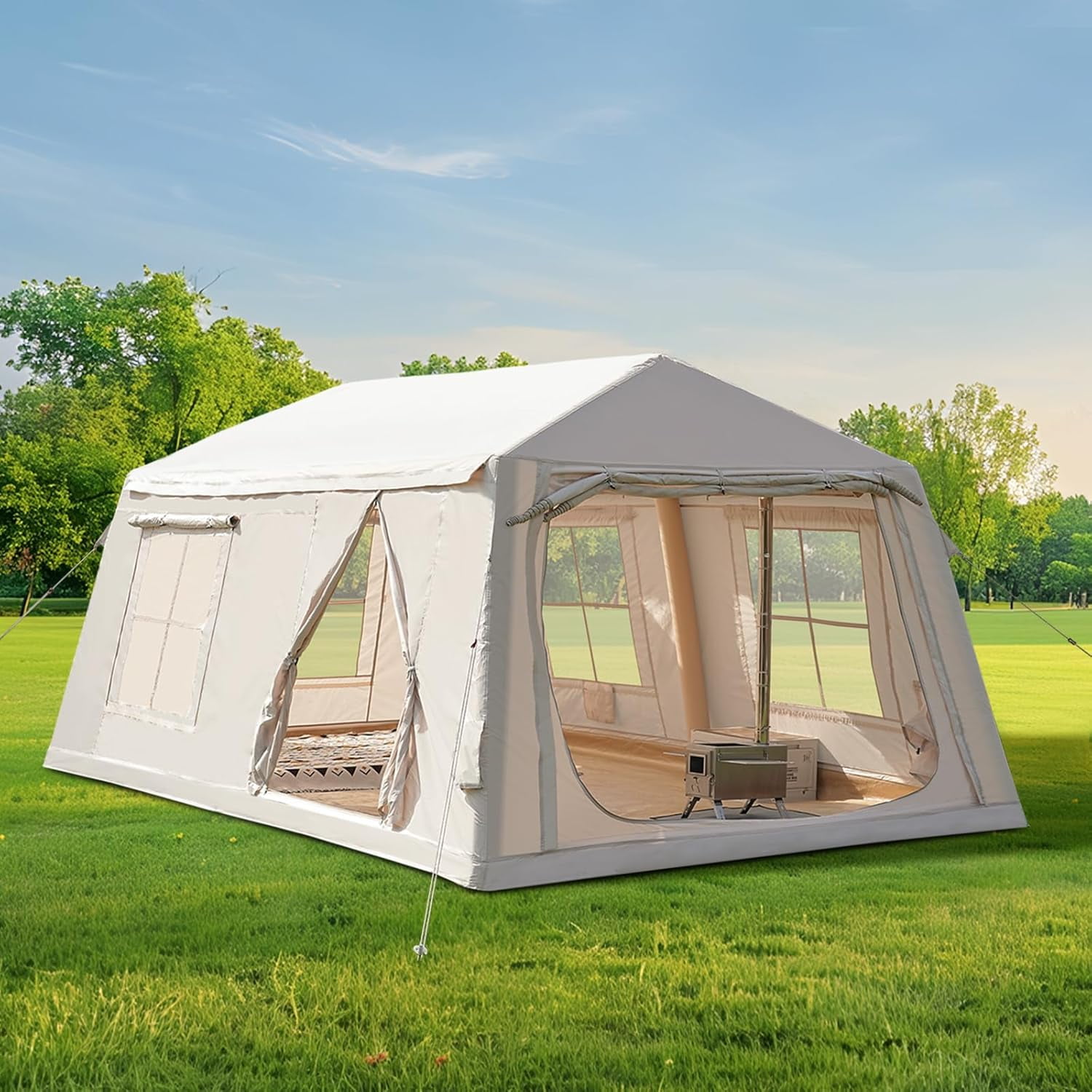 Zikebtuy 2/6/8 Person Inflatable Camping Tent, Easy Setup Blow Up Air Tent with Hand Pump, Waterproof 4-Season Glamping Tent with Large Mesh Windows & Oversized Canopy for Couples, Group & Family