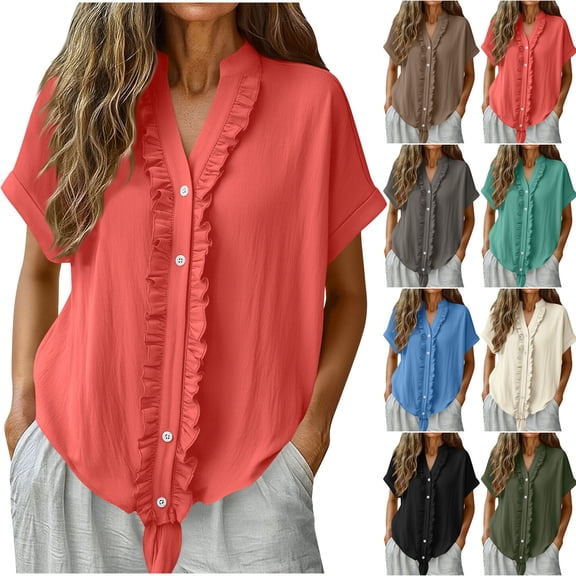 QNANSPI Short Sleeve Shirts for Women, Womens Casual Tops, Women's Summer V Neck Short Sleeve Top Solid Color Adjustable Strap Button Lace Detail Casual Daily Blouse