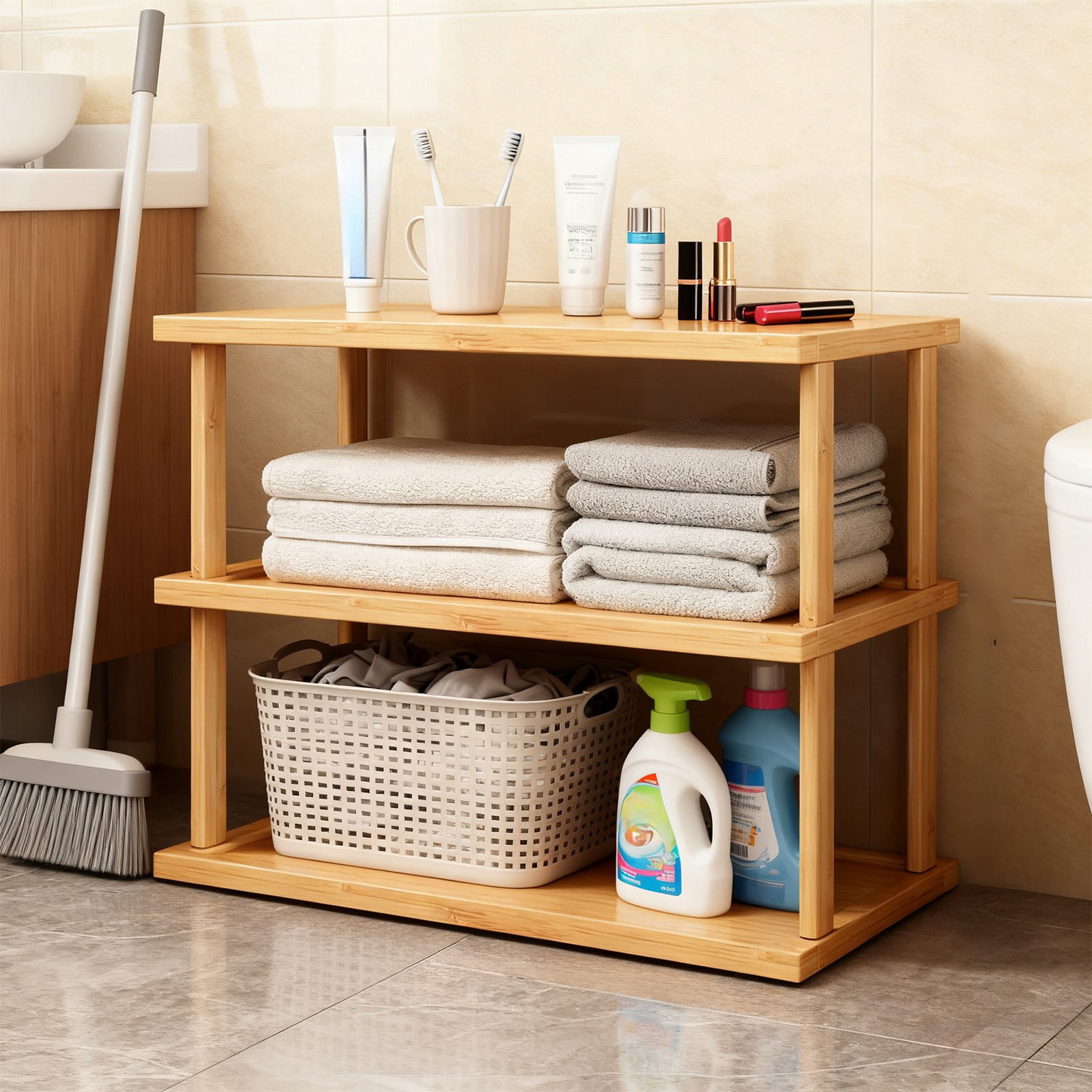 3 Tier Wooden Desktop Storage Rack, Multi Layer Countertop Shelf for Kitchen Office Desk Organizer and Cup Display