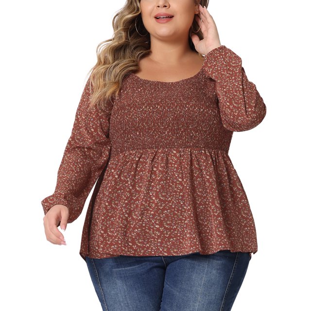 Agnes Orinda Women's Plus Size Square Neck Smock Waist Floral Peplum Blouse Burgundy 3X