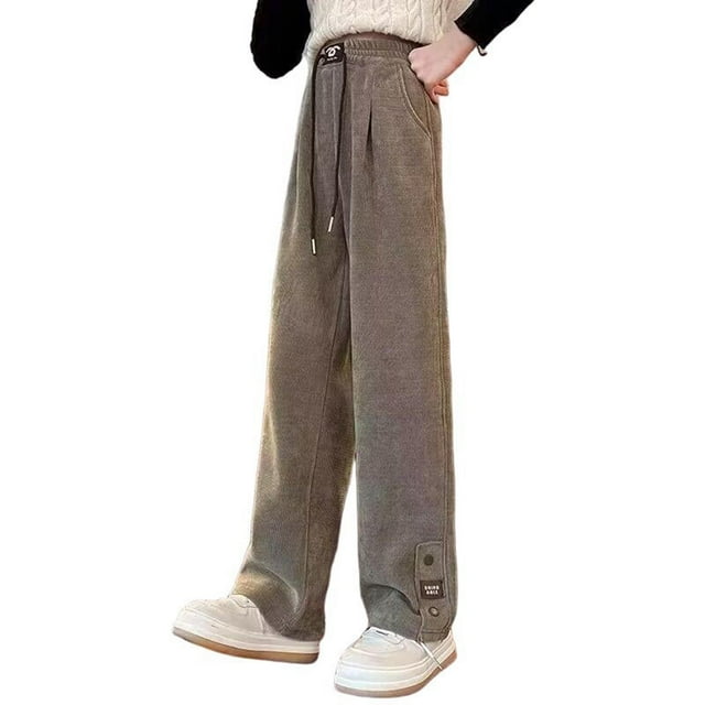 Pantalones largos de pana de color liso para niña, pantalones casuales de pierna recta, pantalones holgados casuales de pierna ancha, pantalones de poliéster con cintura elástica y largo para niños.