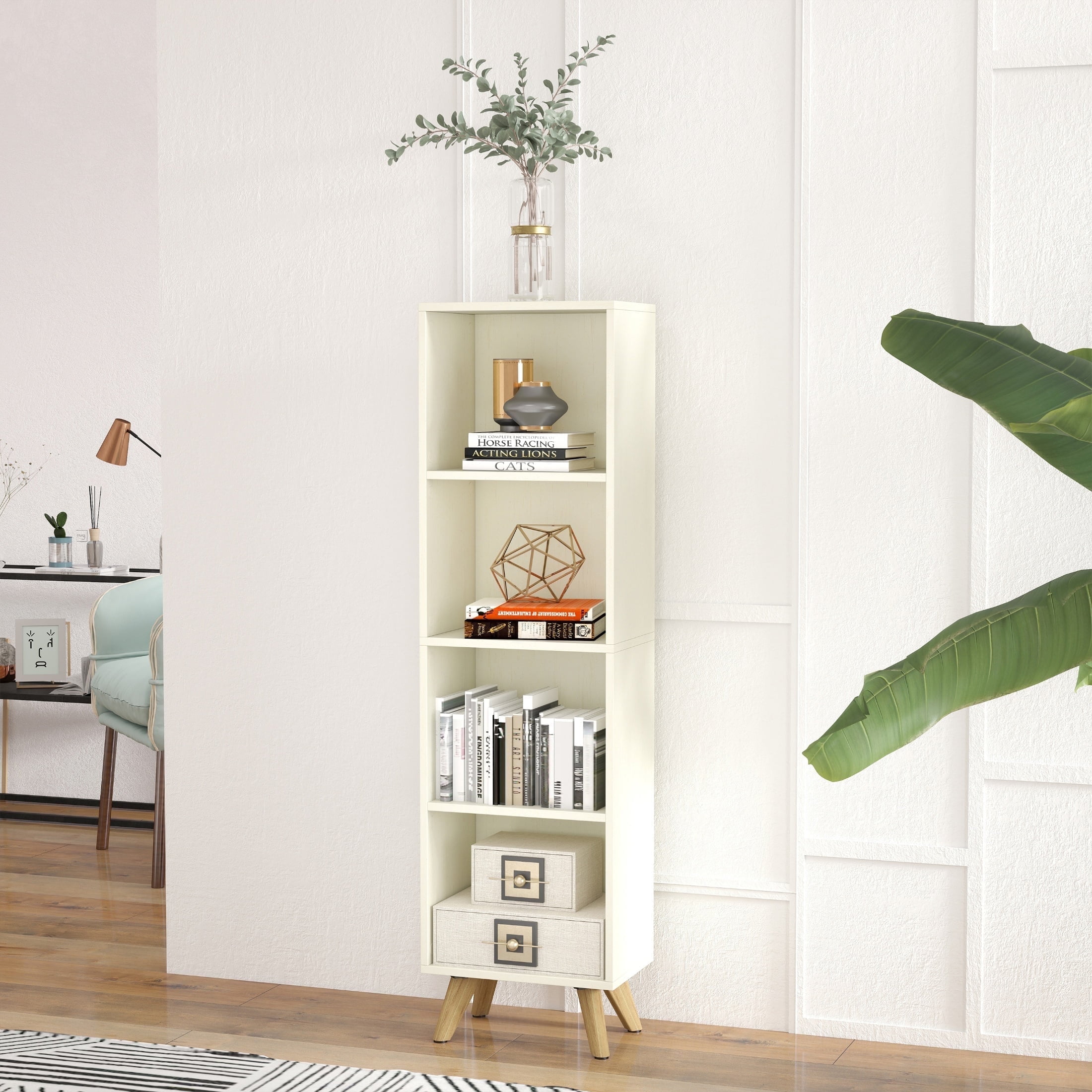 Manxile 4 Cube Vertical Storage Organizer, Modern White Wood Bookshelf for Living Room, Bedroom, Study Room