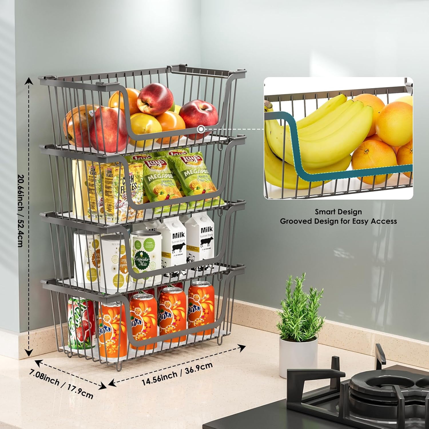 4 Pcs Stackable Wire Baskets for Pantry Organizers and Storage, Kitchen Countertop Vegetable Fruit Bins, Metal Produce Basket for Potato Onion Storage, Gray