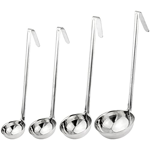 Fit Meal Prep Stainless Steel Soup Ladle One-Piece Sauce Spatula with Hook Handles, Commercial Grade Serving Spoon, Kitchen Tool for Restaurant or Home Cooking [Pack of 4] - 4oz, 6oz, 8oz, 12oz