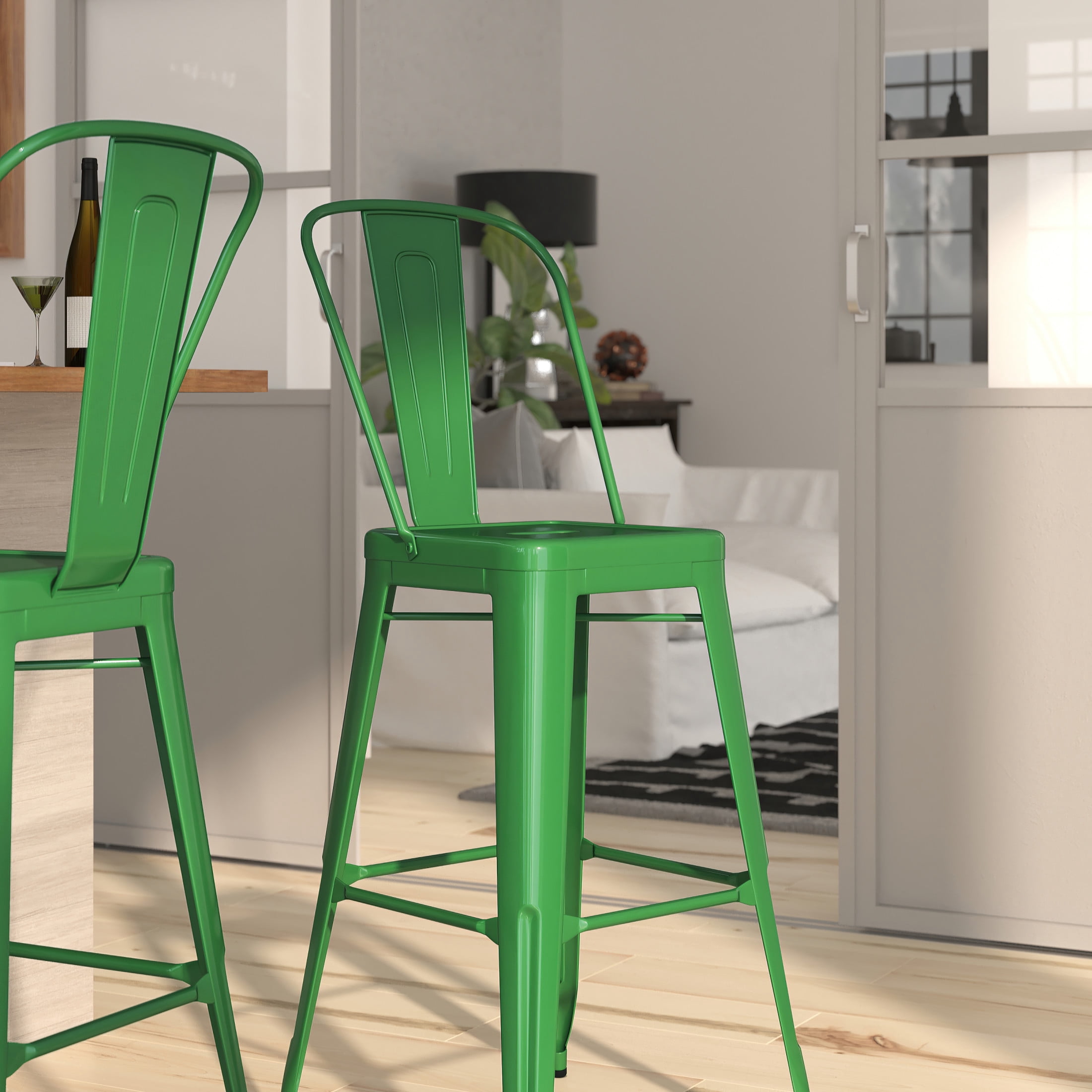 Merrick Lane Contemporary Square Indoor-Outdoor Use Curved slatted back Bar Height Stool, Green